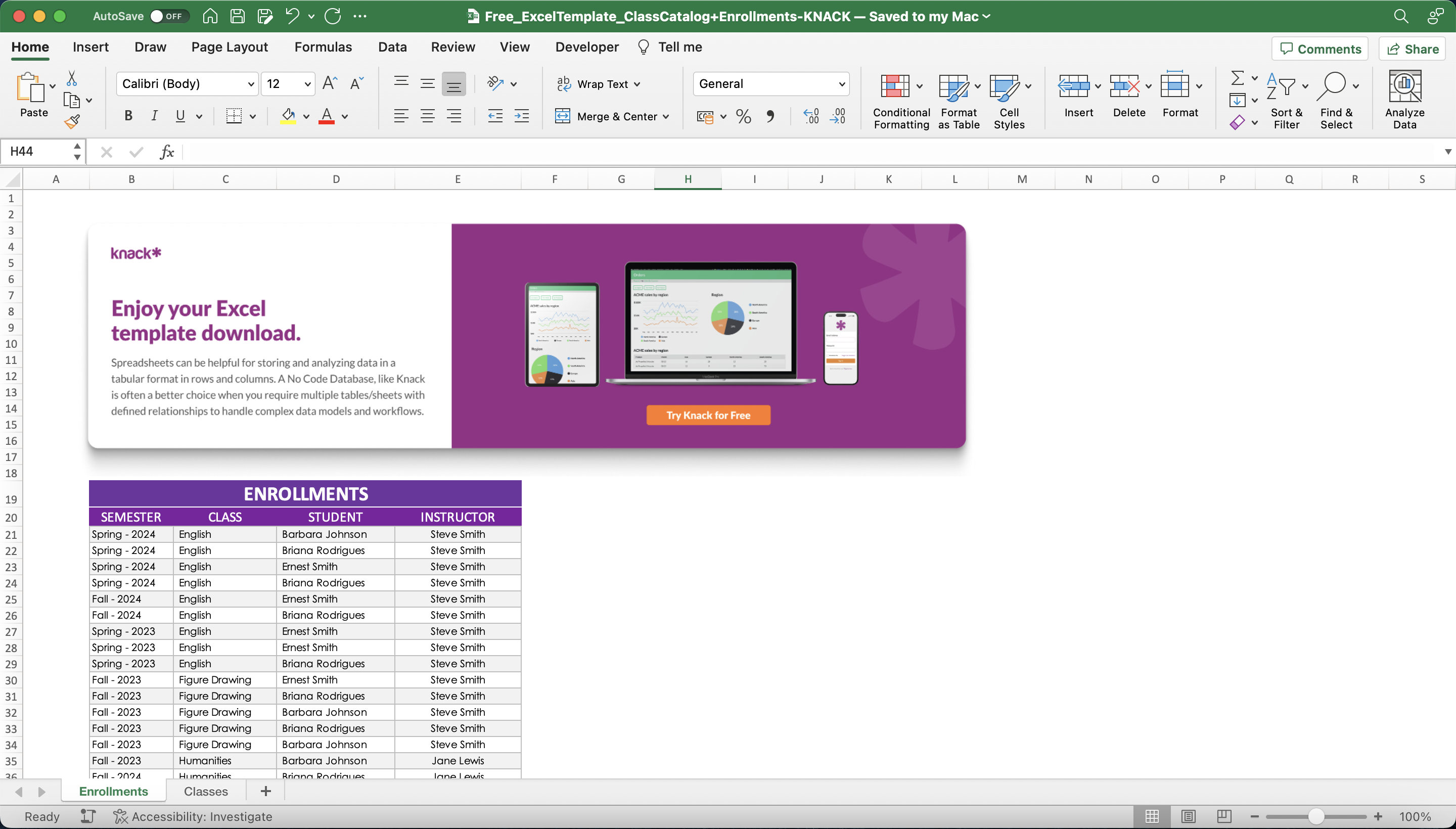 Excel Spreadsheet for Class Catalog