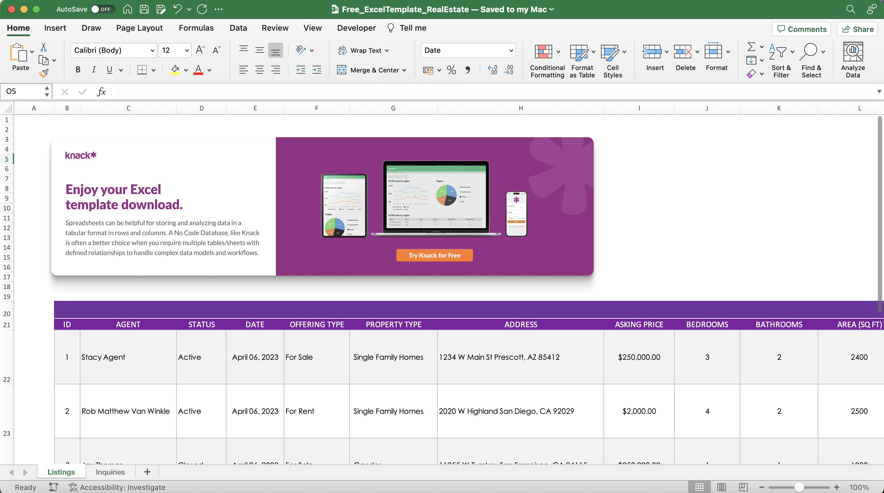 Free Real Estate Listings Spreadsheet Template