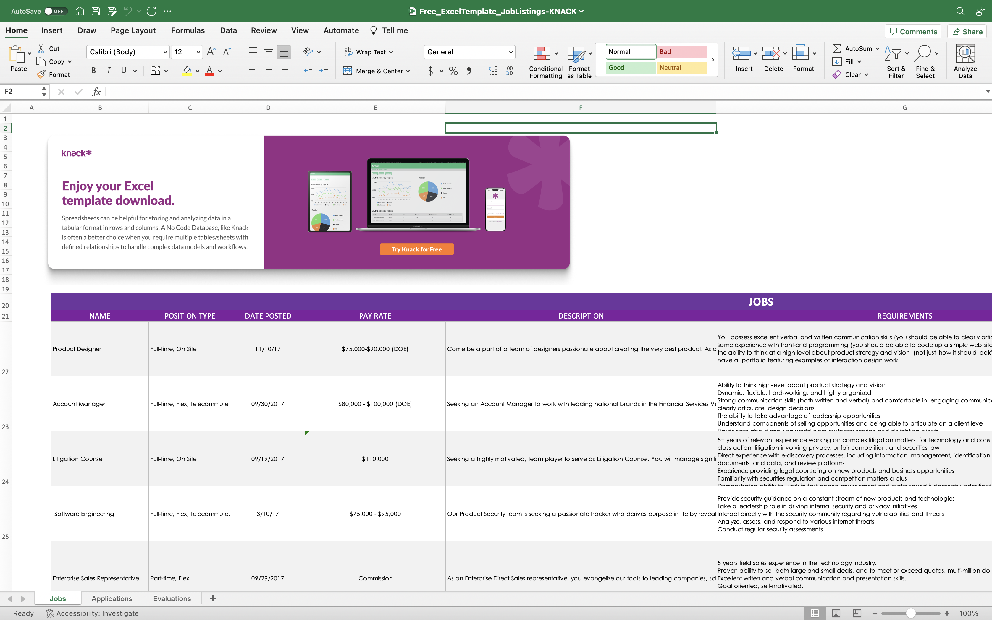 Free job listings excel spreadsheet template
