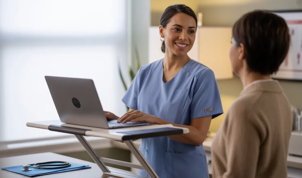 Healthcare Worker Talks to Her Patient