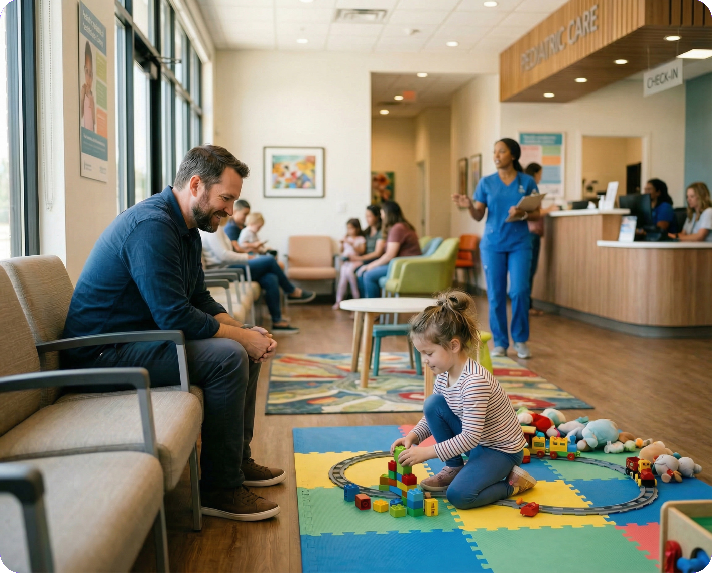 Father Sits with Daughter in Healthcare Clinic Waiting Room
