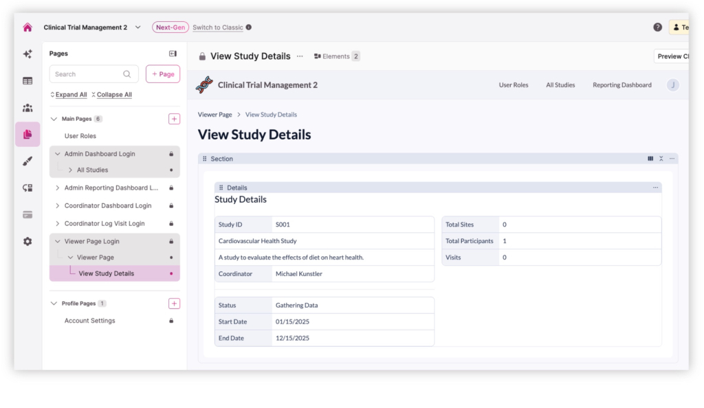Clinical Trials Template Screenshot - View Study Details