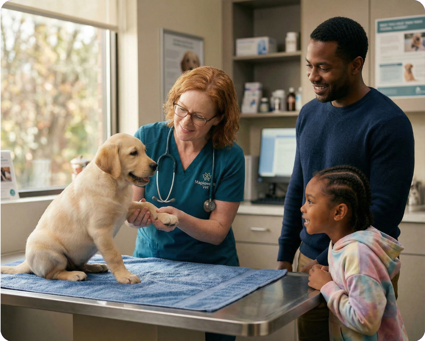 Veterinarian Meets with Patient, a Lab Puppy, and His Owners