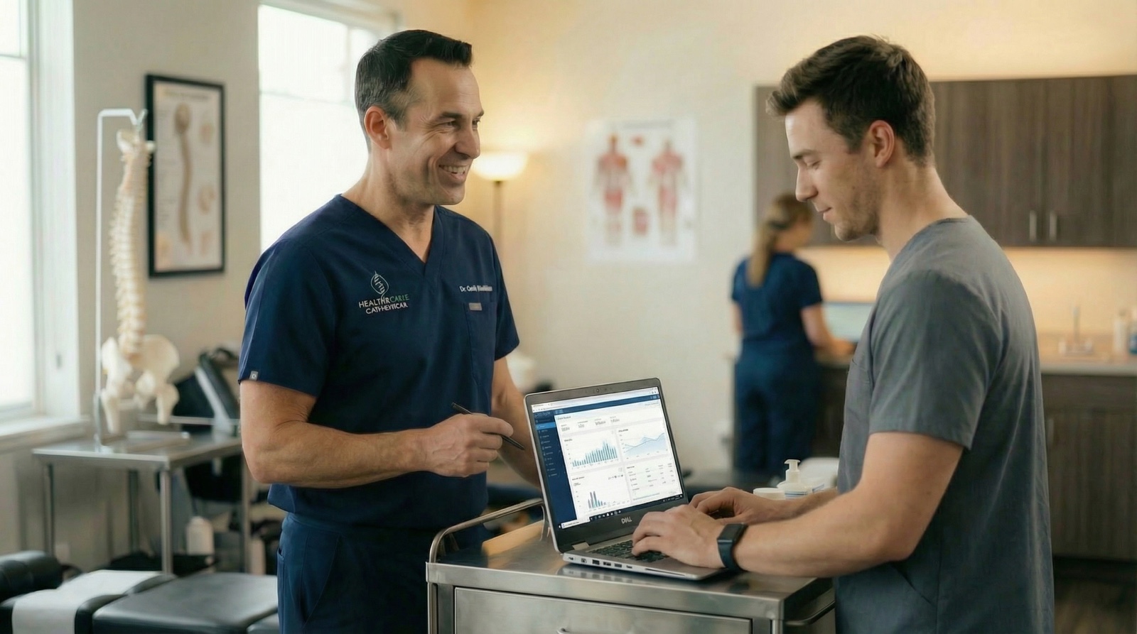 Chiropractor Talking to Assistant Who's Working on Healthcare App
