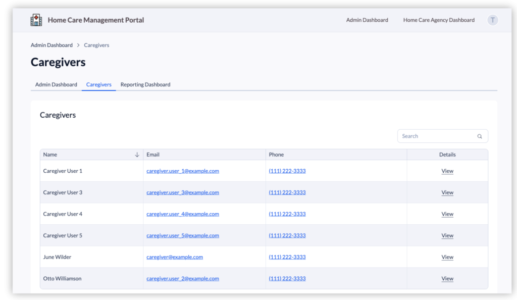 Template Screenshot Home Care Management - Caregivers