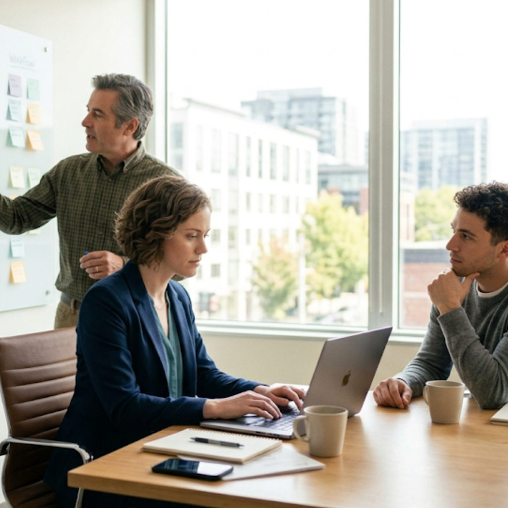A small team maps out a healthcare workflow during a scoping session for a HIPAA compliant app development service engagement.
