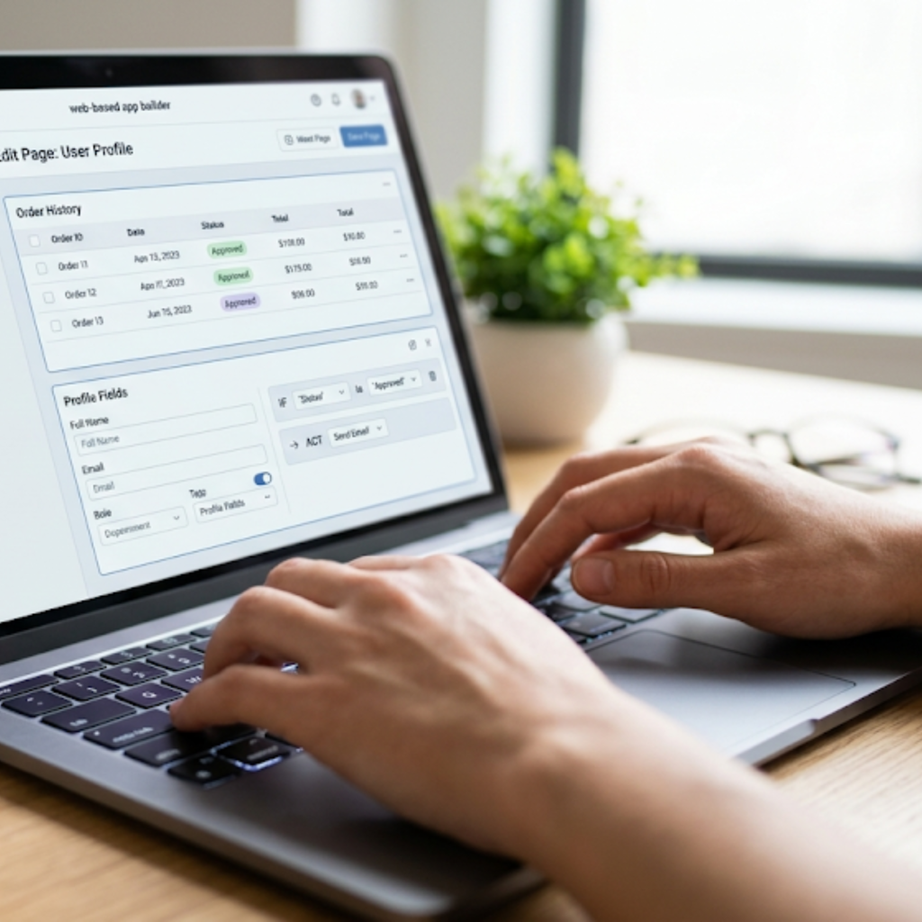 Close-up of hands on a laptop showing a web-based HIPAA compliant healthcare app being configured inside Knack Health's no-code builder.
