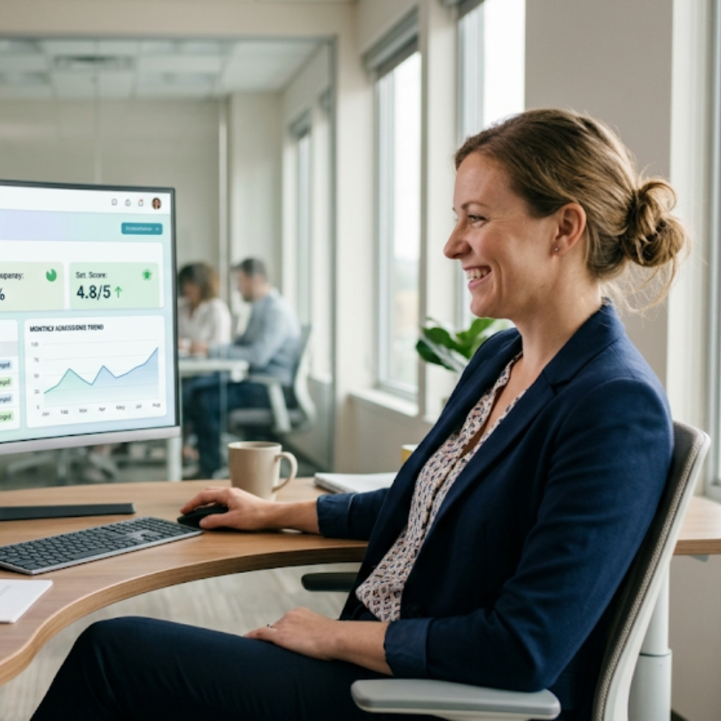 A healthcare administrator smiles at a completed patient records portal delivered through Knack Health's HIPAA compliant app development service.