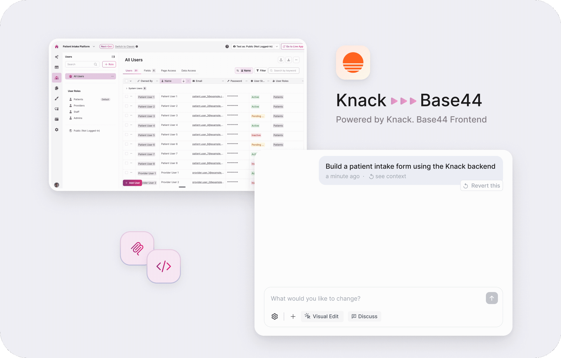 Screenshot composite showing the Knack backend interface with a Users table open alongside a Base44 chat prompt reading "Build a patient intake form using the Knack backend," illustrating the Knack to Base44 integration powered by the Knack MCP Server and Runtime Data API.