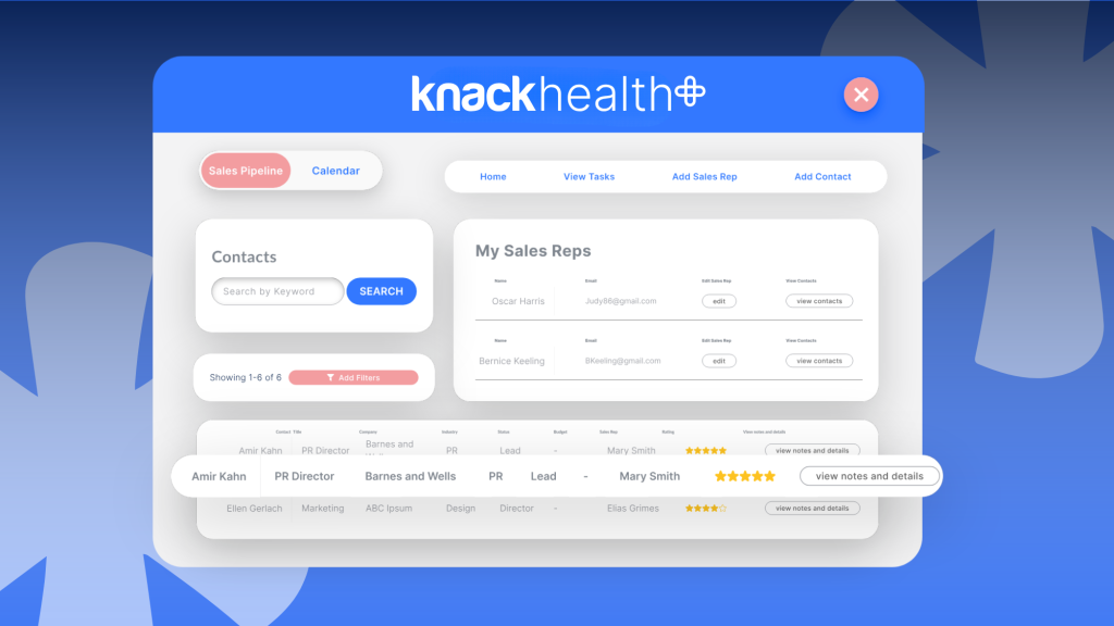 Knack Health HIPAA-compliant CRM dashboard showing patient contacts, sales pipeline, and task management