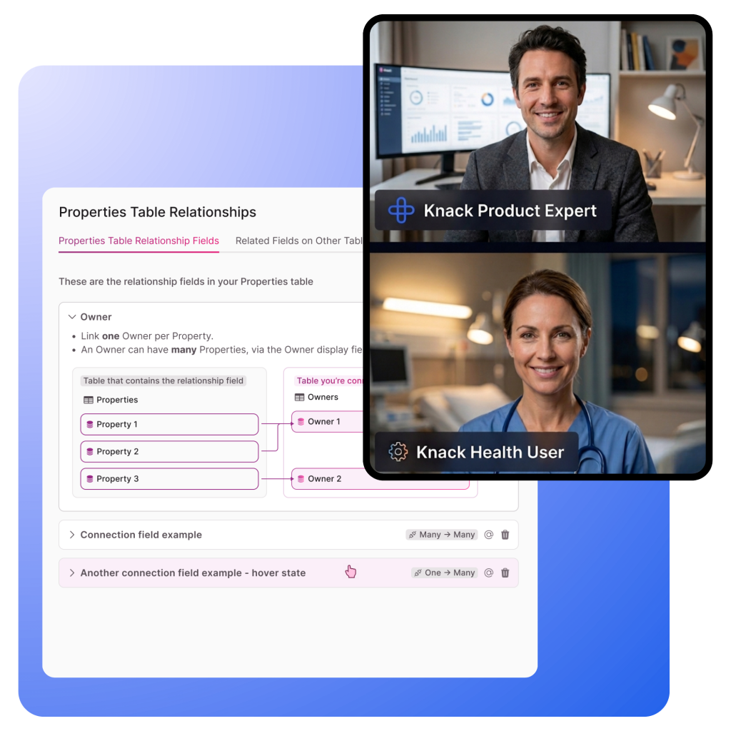 A Knack product expert guides a healthcare professional through building a custom app in a live Knack Builder session, showing table relationships and data connections on screen.