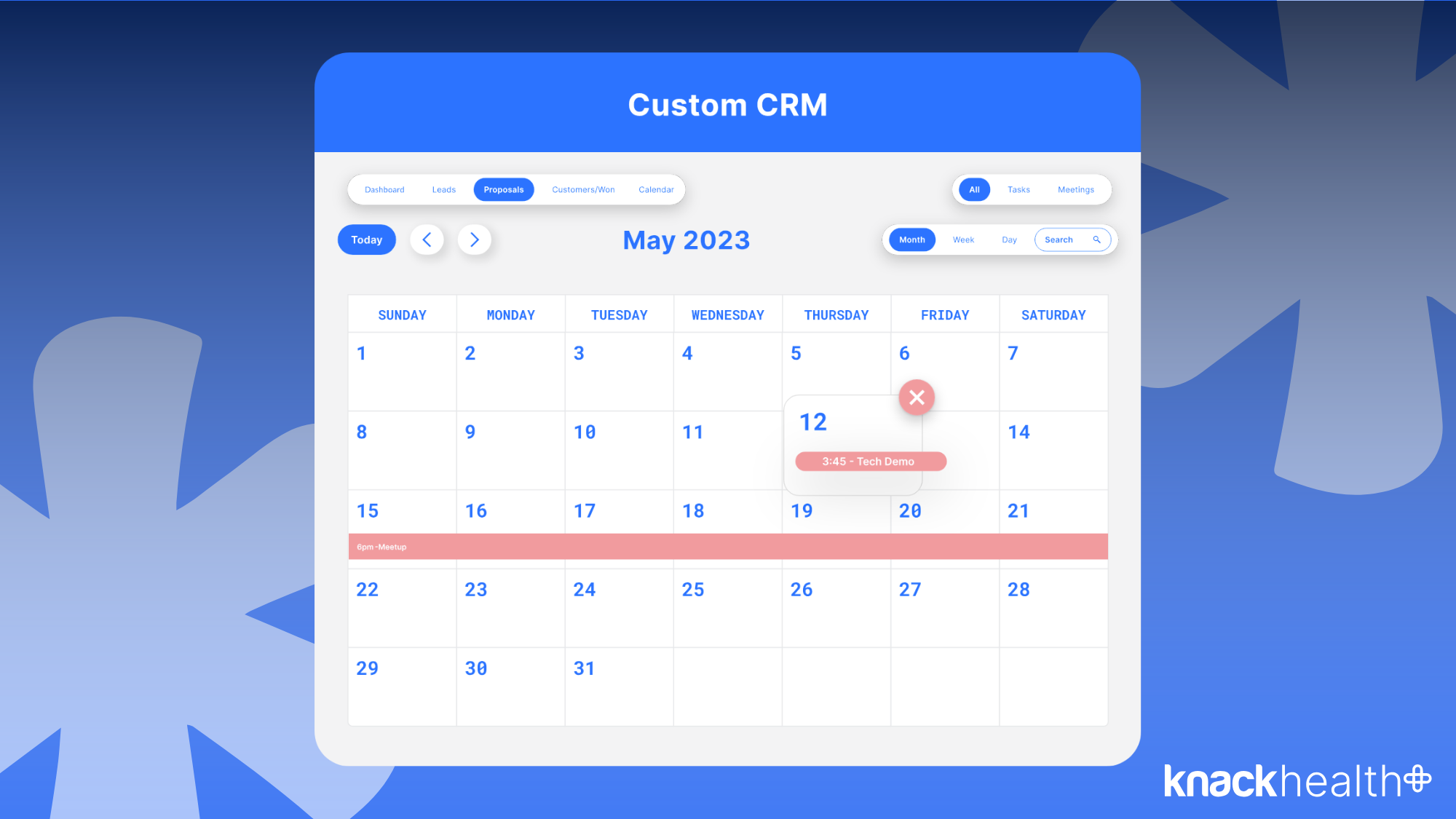 Custom HIPAA-compliant CRM calendar view built with Knack Health showing appointment scheduling and task management