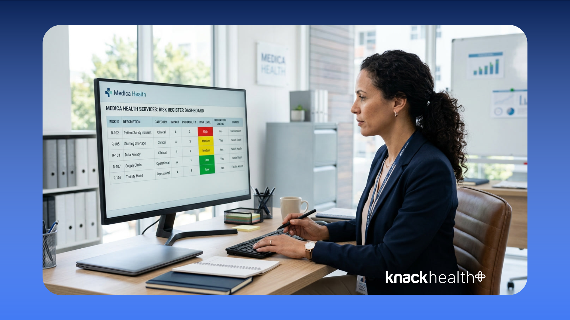 Healthcare administrator reviewing a HIPAA risk assessment software dashboard with a structured risk register and incident log.