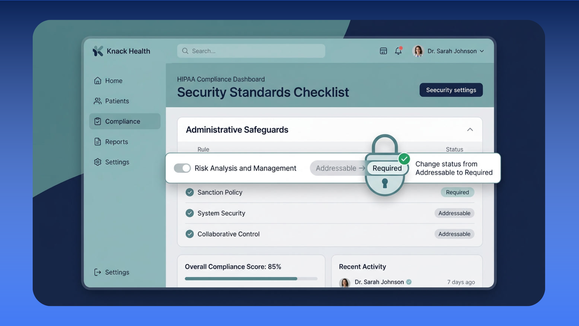 A compliance dashboard showing HIPAA security settings with encryption and MFA toggles enabled, representing the proposed 2026 HIPAA Security Rule update requirements for small healthcare teams.