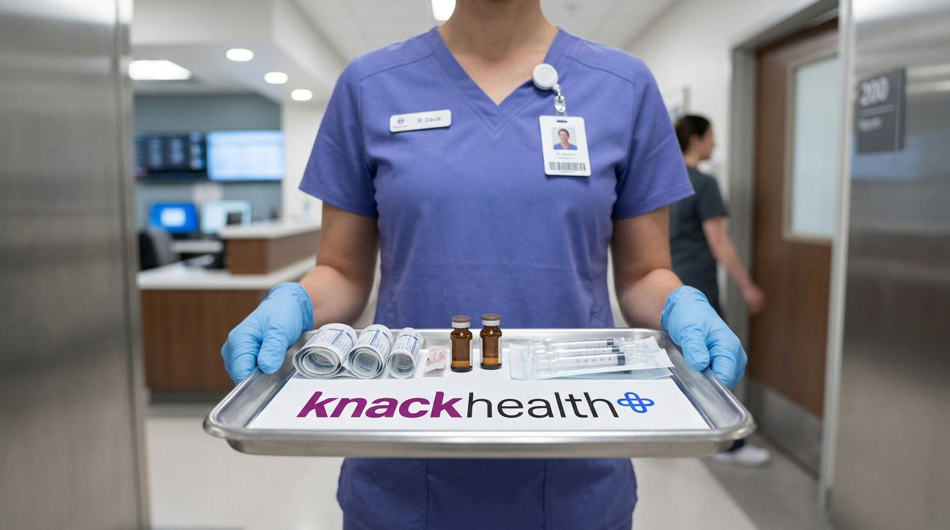 Nurse in a clinical hallway holding a medical tray with the Knack Health logo, representing bubble hipaa compliance for healthcare teams.