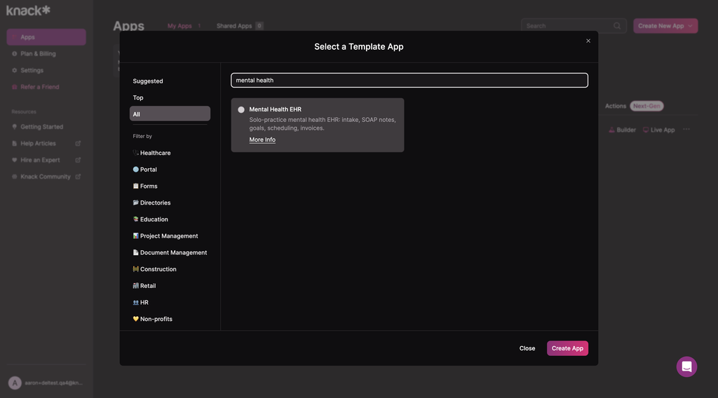 Screenshot of the Knack 'Select a Template App' dialog with 'mental health' typed in the search field. The Mental Health EHR template appears as the only result, described as 'Solo-practice mental health EHR: intake, SOAP notes, goals, scheduling, invoices.'
