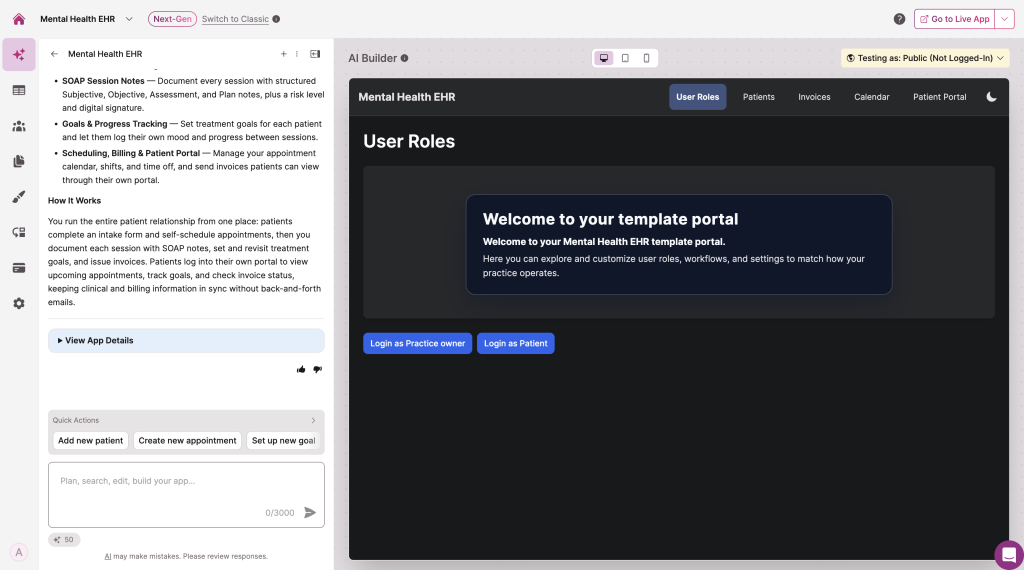 Screenshot of the Mental Health EHR template open in Knack's Next-Gen AI Builder. The left panel shows a description of the app's features including SOAP Session Notes, Goals and Progress Tracking, and Scheduling and Billing. The right panel previews the live app's User Roles page, with options to log in as a Practice Owner or as a Patient.