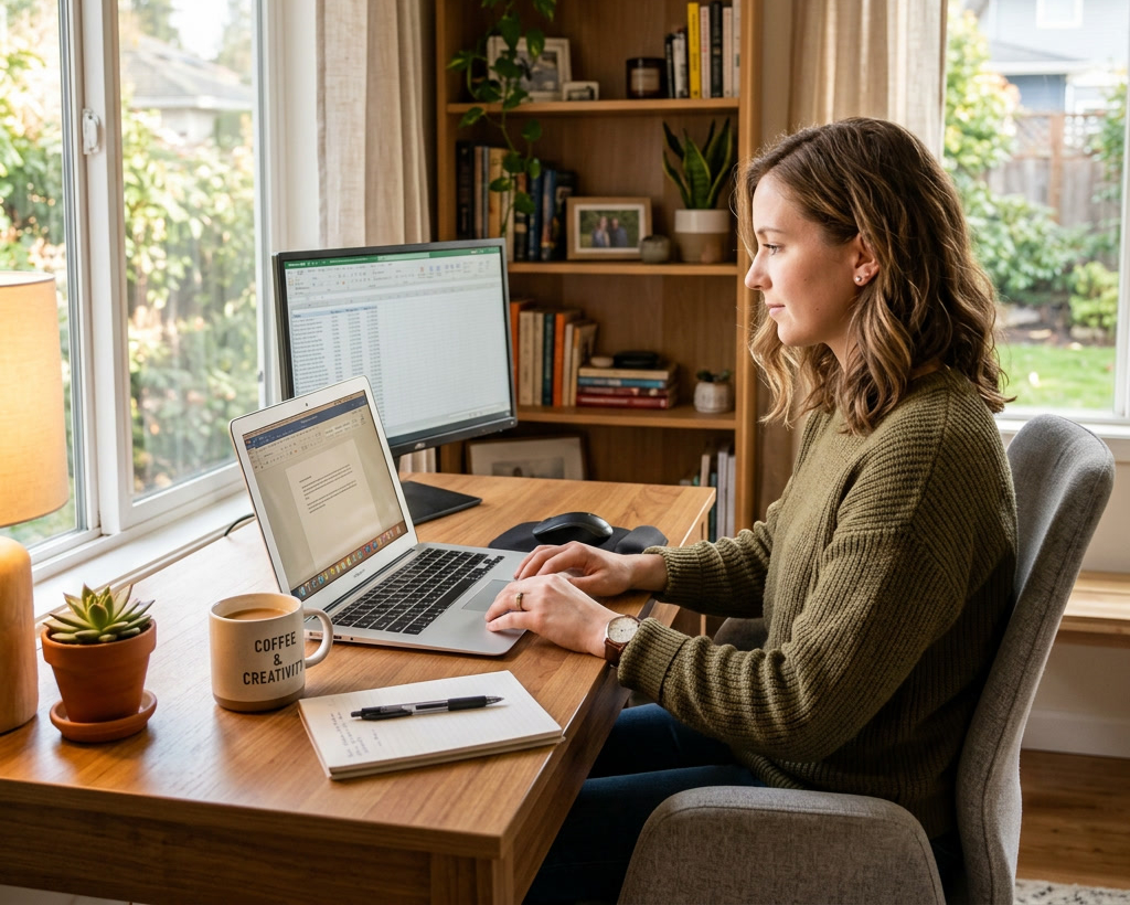 A practice staff member managing AdvancedMD integration workflows at a home office desk with a laptop and external monitor, surrounded by plants and natural light.