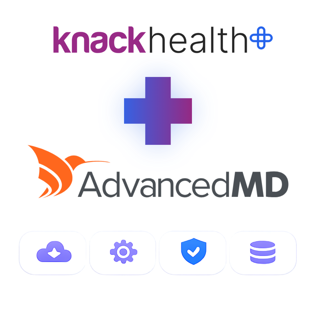 Knack Health and AdvancedMD integration graphic showing the Knack Health logo, a purple cross, the AdvancedMD logo, and four icons (cloud, gear, shield with checkmark, database)