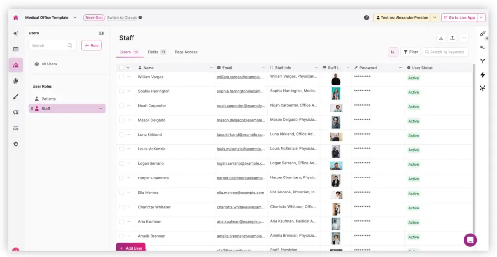 Screenshot Patient Intake Template Staff Page