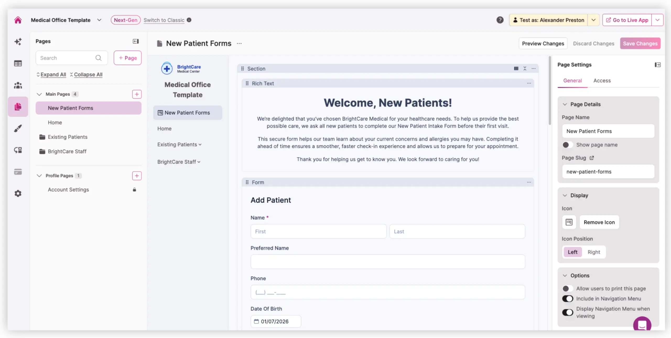 Screenshot Patient Intake Template Welcome Page Backend 2
