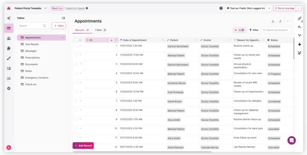 Screenshot Patient Portal Appointments