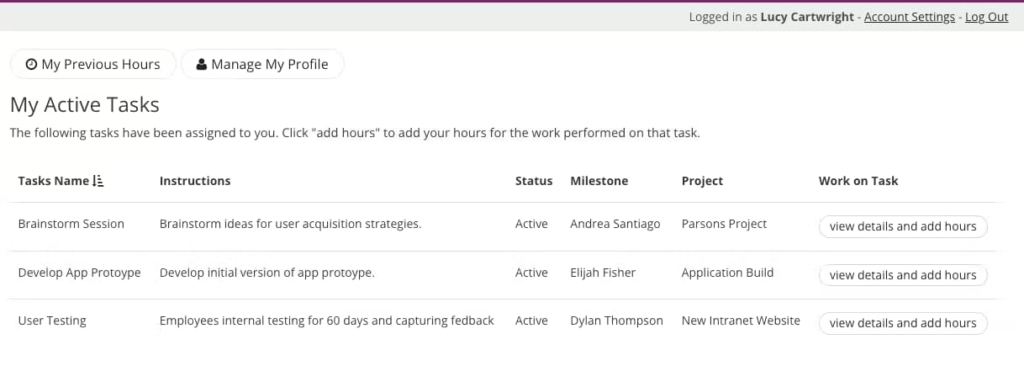 A view of the My Active Tasks dashboard in the project management database app