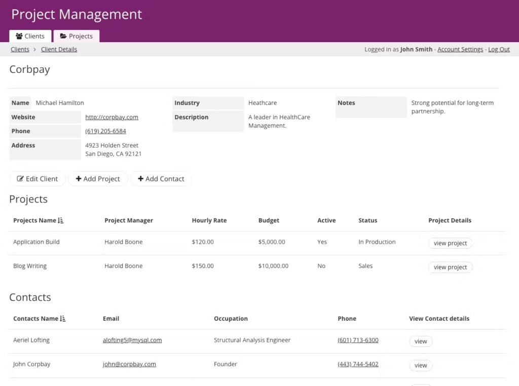 Client overview dashboard in the project management database app