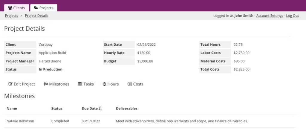 A view of the project details dashboard in the project management database app