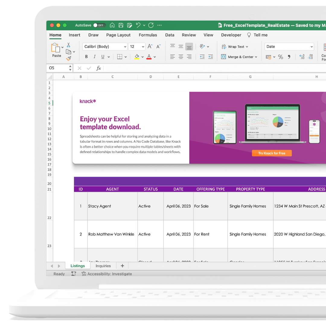 Real estate spreadsheet template