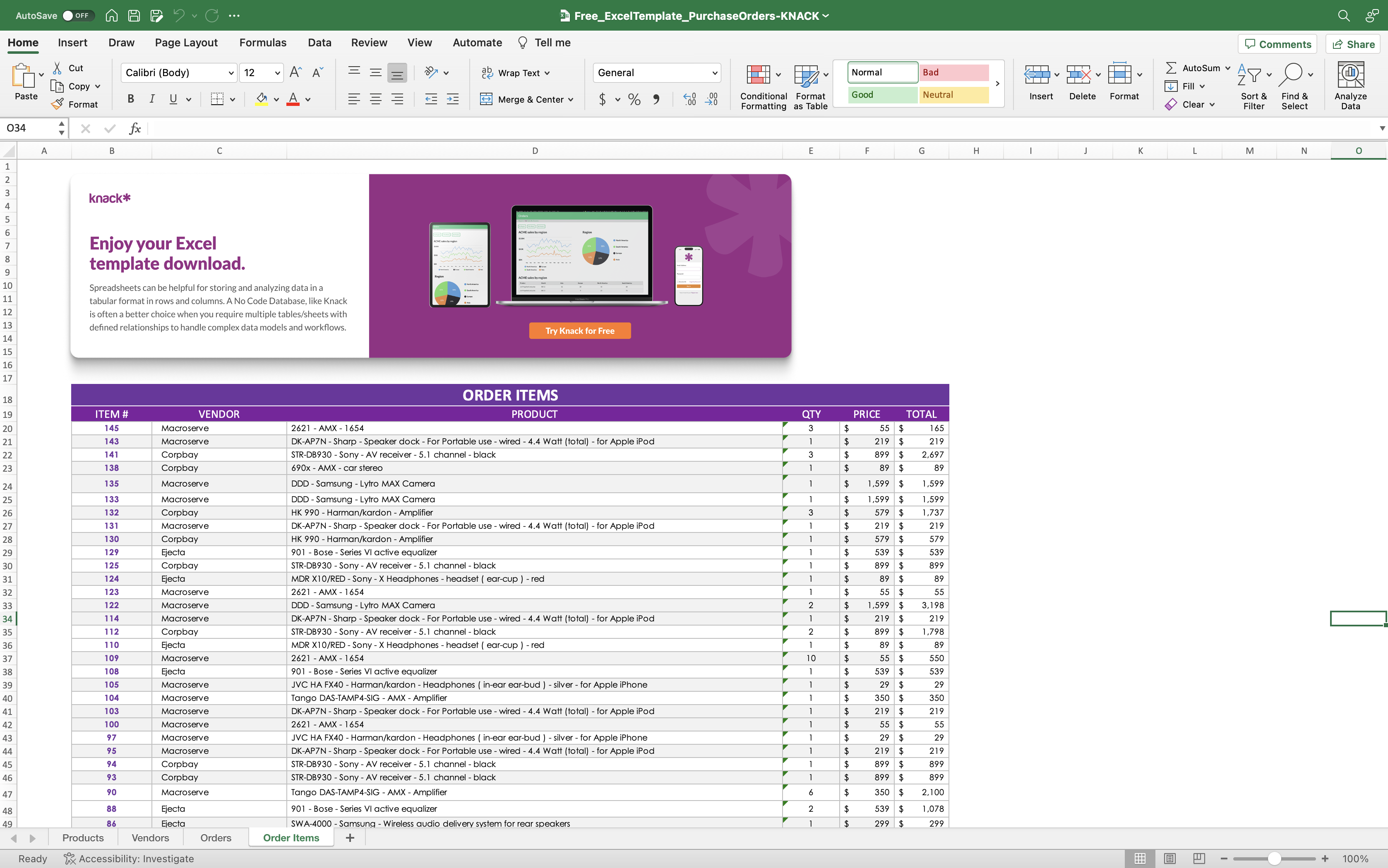 Free Purchase Orders Excel Spreadsheet Template