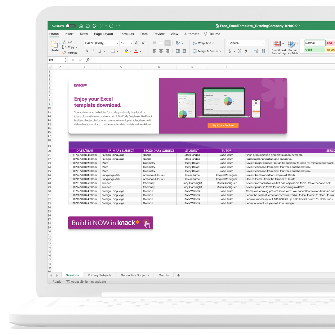 tutoring company spreadsheet template