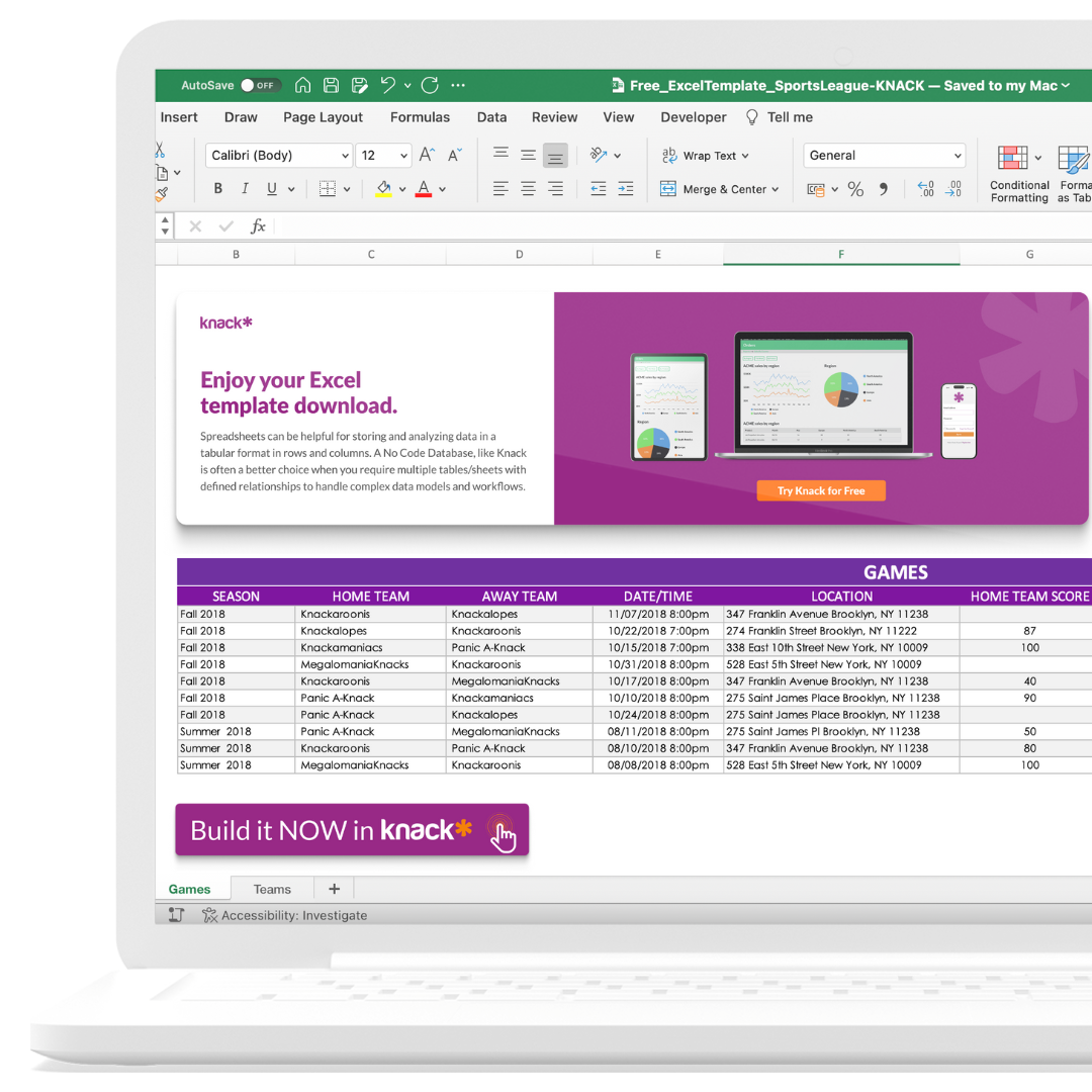 Sports League Microsoft Excel Template