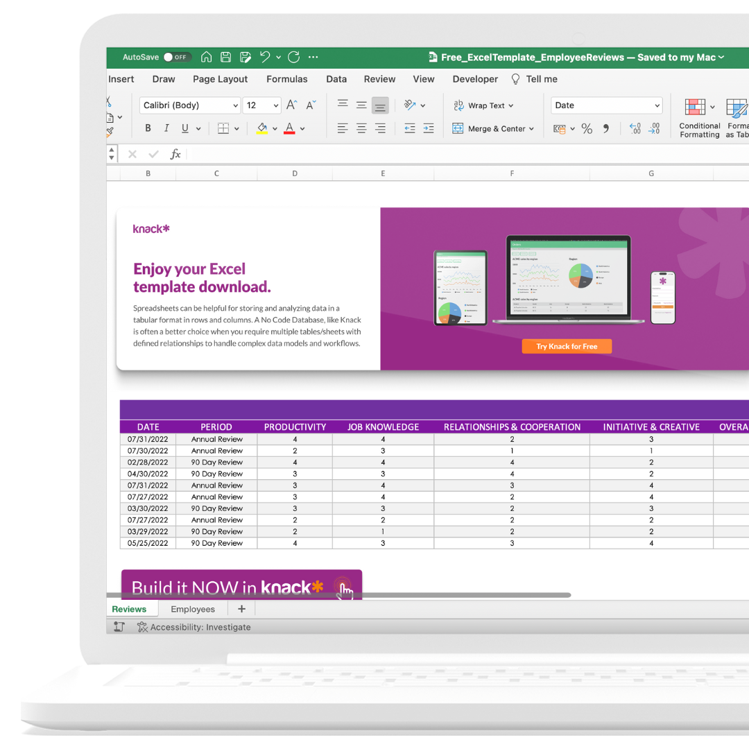 Excel Spreadsheet for Employee Reviews