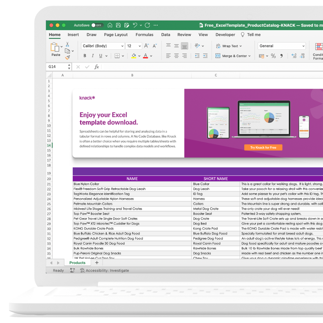 Excel Template for Product Catalog