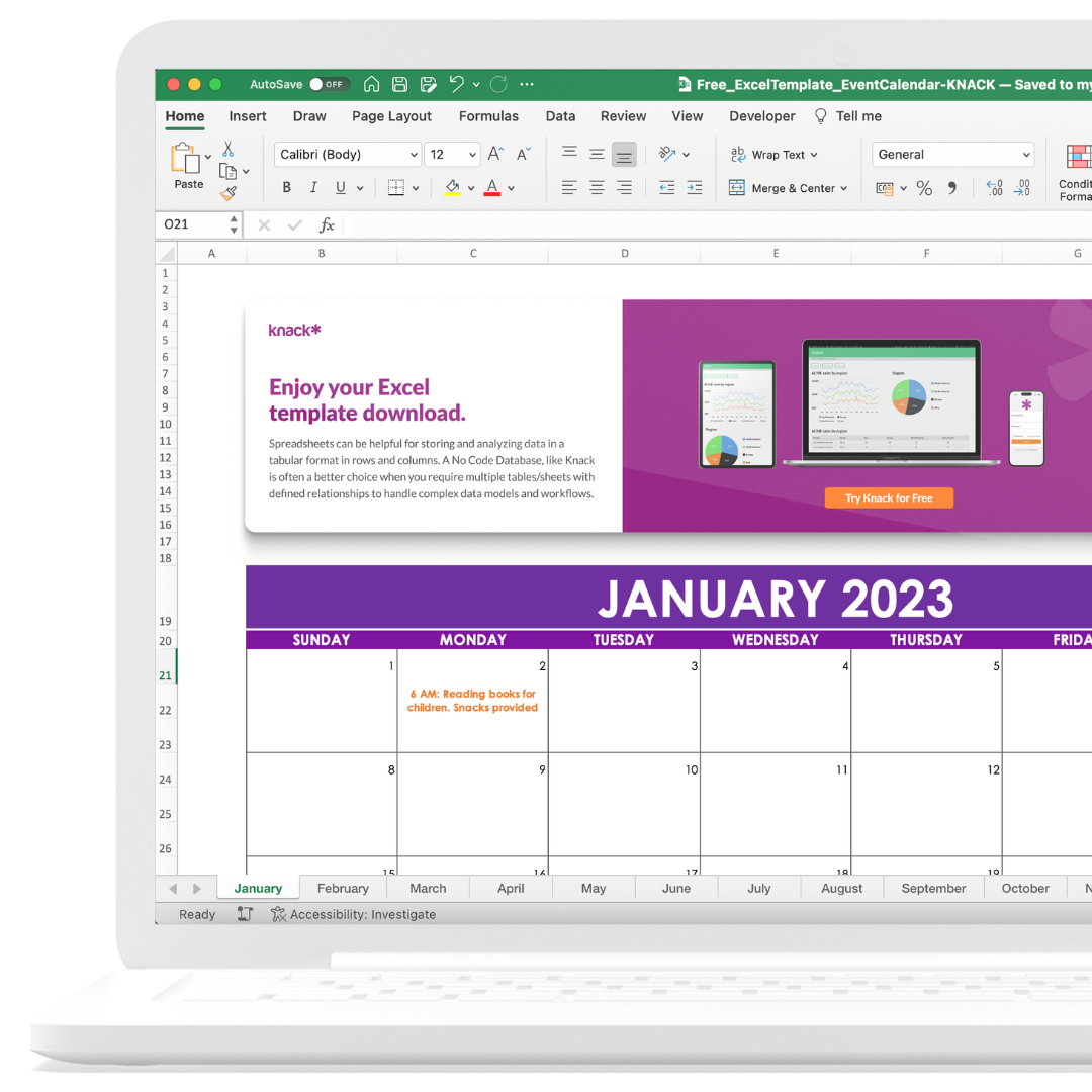 Excel Spreadsheet for Event Calendar