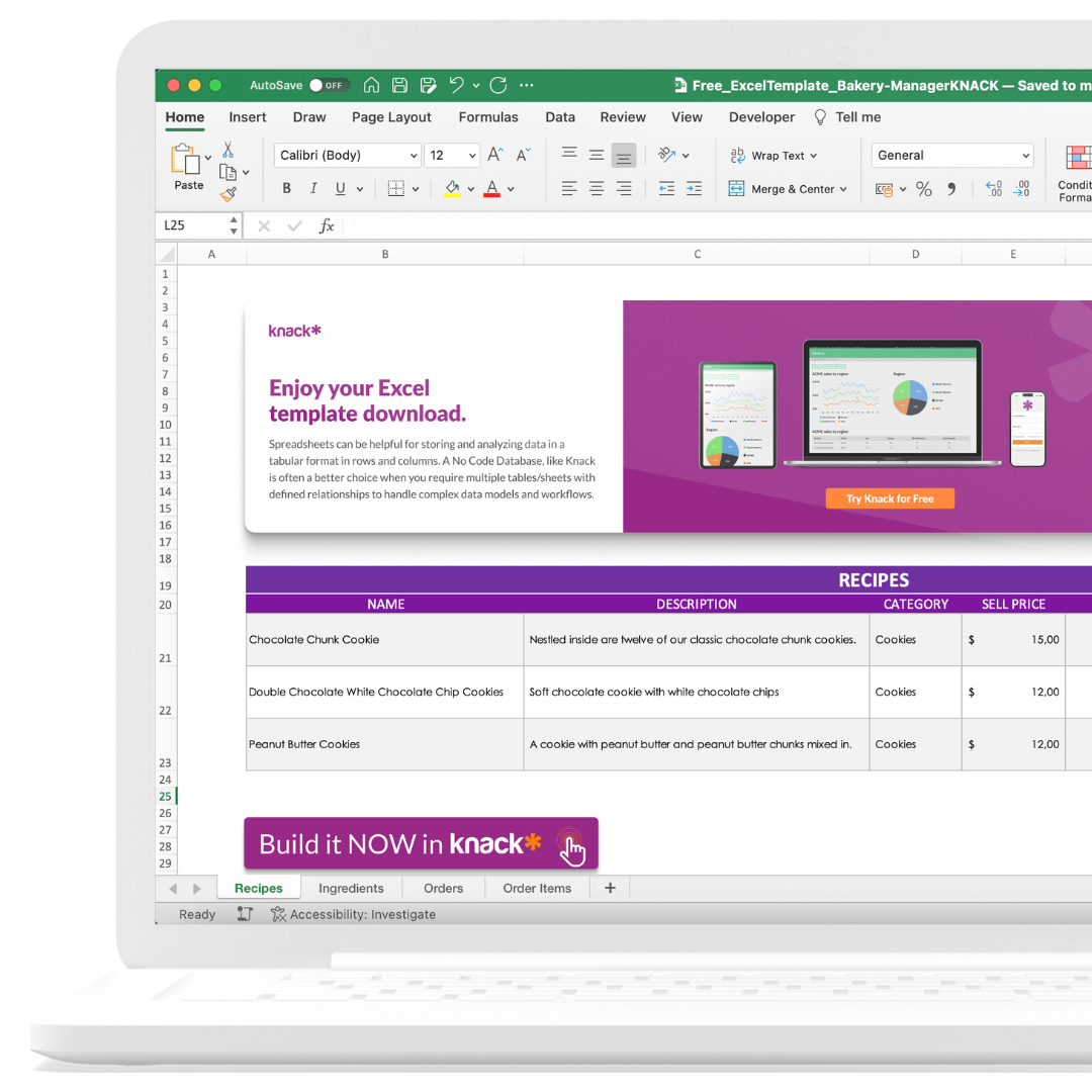 Bakery manager Spreadsheet Template