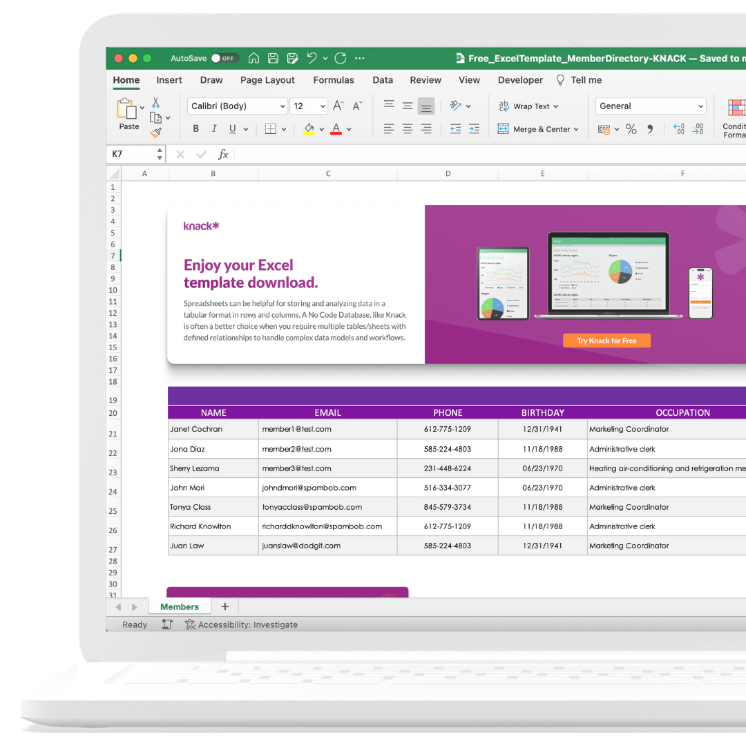 Member Directory Excel Spreadsheet Template