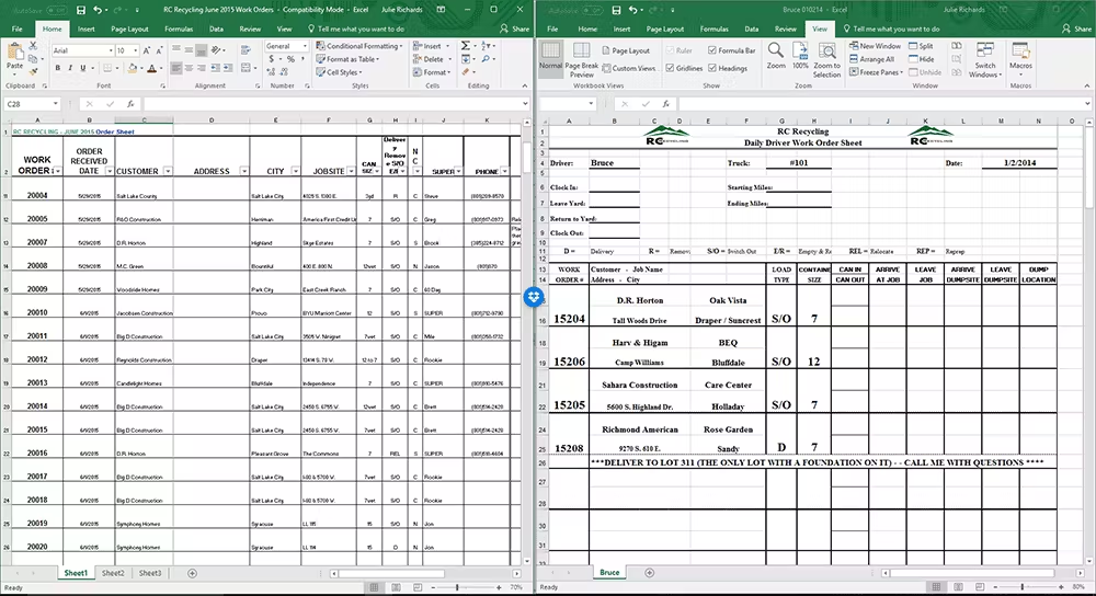 Example of RC Recycling manual spreadsheet workflows.