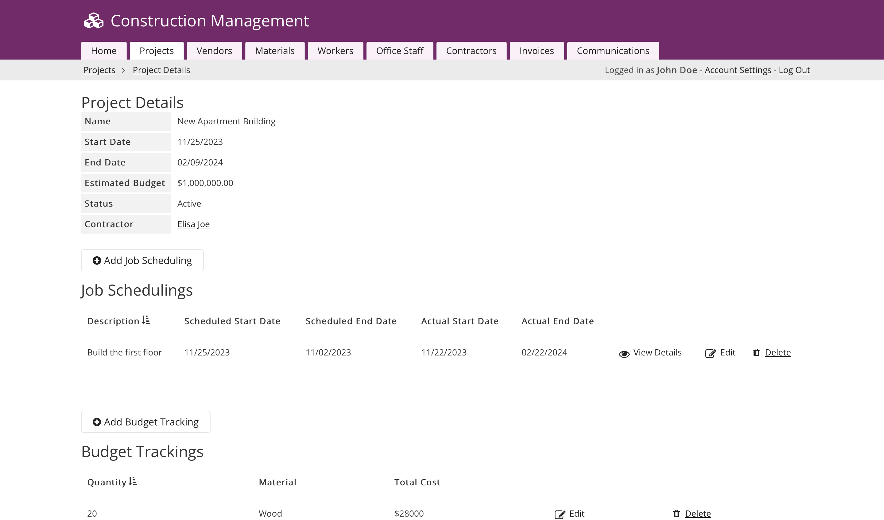 Free Construction Management Template App Knack