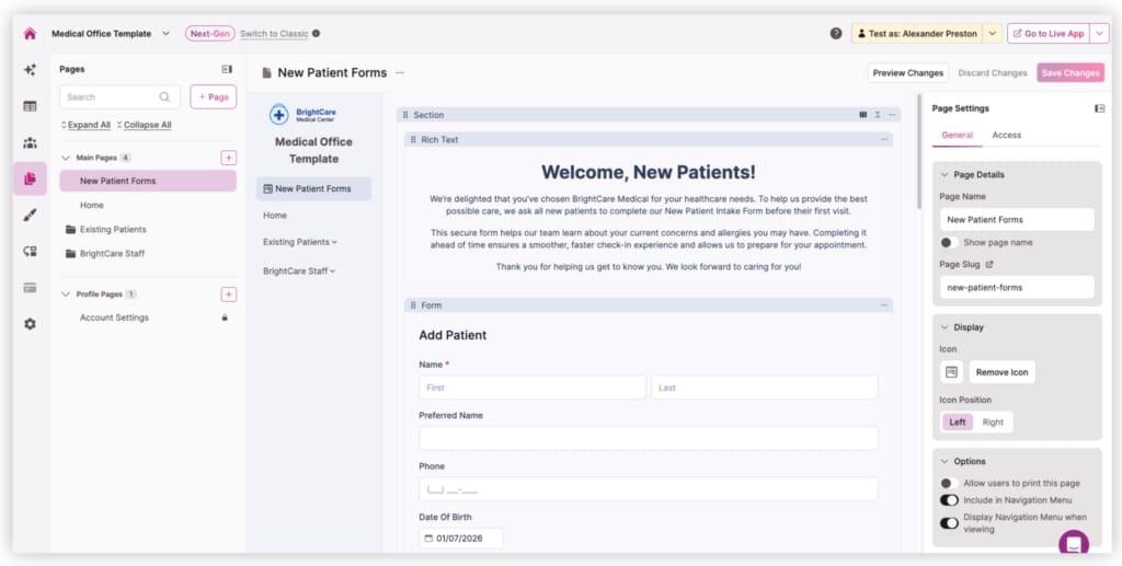 Screenshot Patient Intake Template Welcome Page Backend